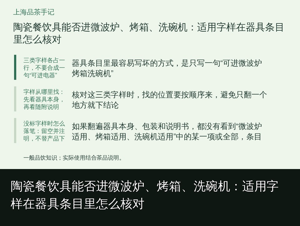 陶瓷餐饮具能否进微波炉、烤箱、洗碗机：适用字样在器具条目里怎么核对的知识要点示意图