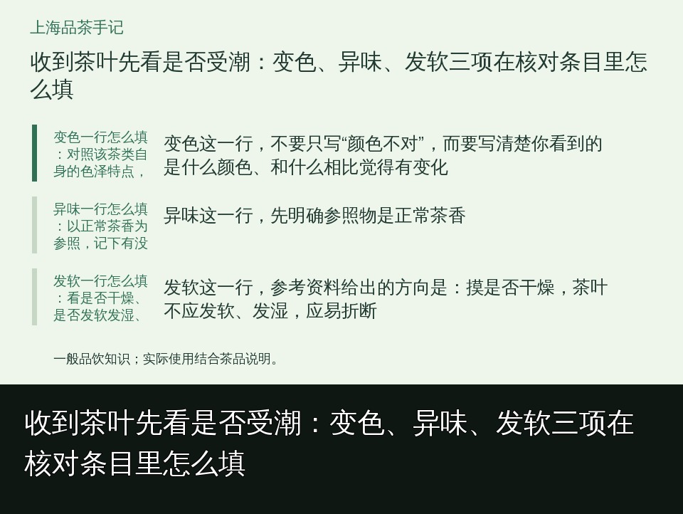 收到茶叶先看是否受潮：变色、异味、发软三项在核对条目里怎么填的知识要点示意图
